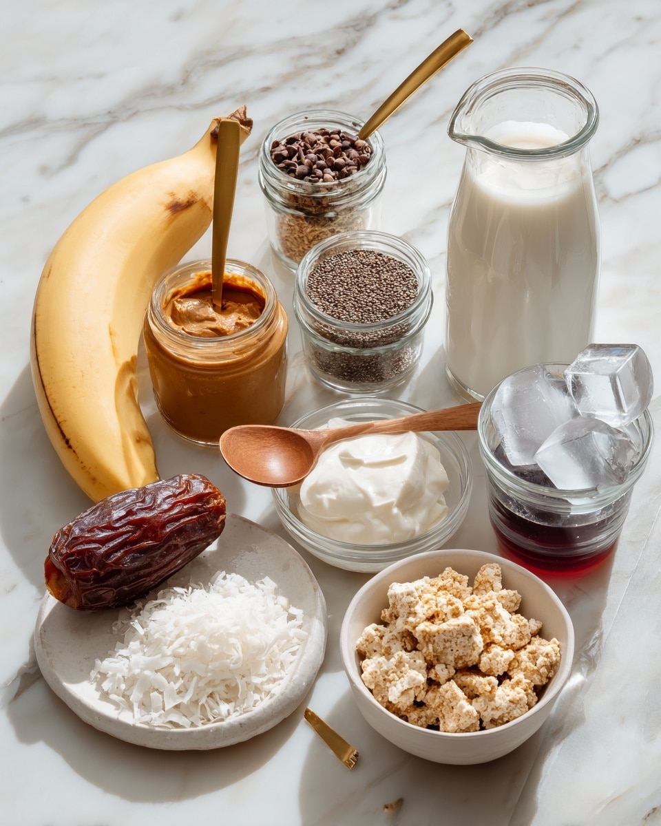 The image shows several ingredients arranged on a white marbled surface against a white marbled background. There is a tall clear pitcher filled with water in the back right, next to a small glass jar with a gold spoon holding chia seeds. Behind it is a glass milk bottle filled with milk. In front, there are two small glass jars with cacao nibs. To the left, a glass jar contains peanut butter with a bamboo spoon inside. Near the front left, a white round dish holds two peeled light yellow bananas, a large brown date, and a dollop of white yogurt. In front, there is a white round bowl filled with white shredded coconut flakes, and next to it, another white bowl contains crumbled tofu with a wooden spoon resting inside. To the right, a clear glass bowl holds several large ice cubes, and next to that is a small glass jar with a dark red liquid. photo taken with an iphone --ar 4:5 --v 7