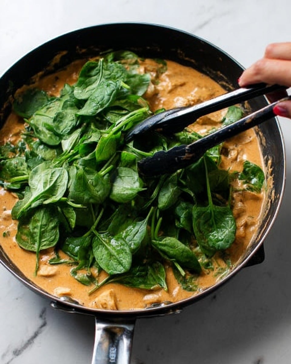 A close-up view of a black frying pan on a white marbled surface filled with a creamy orange sauce with small pieces of cooked chicken inside. On top of the sauce, there is a large layer of fresh dark green spinach leaves spreading unevenly across the pan. A woman's hand holds black tongs, lifting or moving some spinach leaves. The sauce looks smooth and slightly thick. Photo taken with an iphone --ar 4:5 --v 7