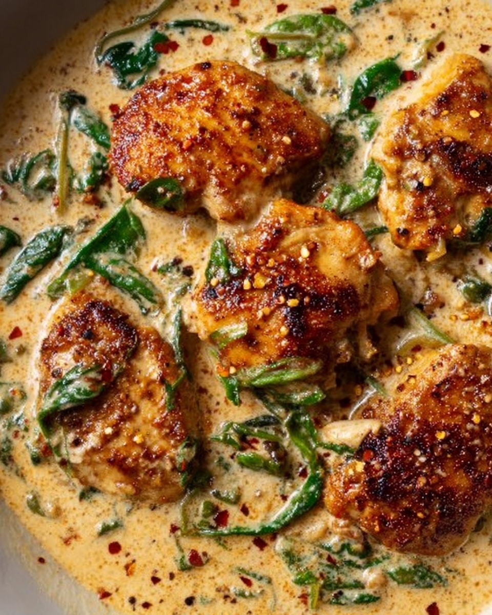 The image shows five pieces of golden-brown cooked chicken placed in a creamy, light beige sauce mixed with small green herb leaves, possibly spinach, and some visible black pepper and red chili flakes sprinkled on top. The chicken pieces have a crispy texture with darker spots, and the sauce is thick with a smooth texture. The entire dish is close up, filling the frame, with no visible plate and a white marbled textured background peeking at the corners. photo taken with an iphone --ar 4:5 --v 7