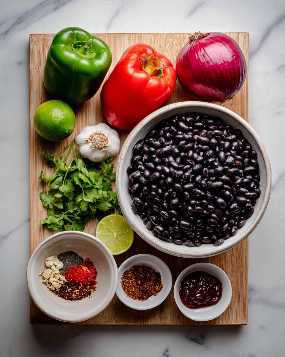 The image shows cooking ingredients arranged neatly on a light brown cutting board placed on a white marbled surface. On the right side, there is a large white bowl filled with shiny black beans, almost full to the brim. Around the bowl, from left to right, there are a green bell pepper, a bright red bell pepper, a small bunch of garlic cloves, a whole lime, a red onion, and some green fresh coriander leaves. Below the bell peppers and lime, there are two smaller white bowls: one with a mix of red, brown, and green spices, and the other with a dark red chili paste. The colors are fresh and vibrant, and the overall scene looks clean and ready for cooking. photo taken with an iphone --ar 4:5 --v 7