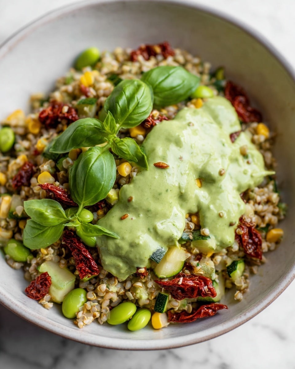 The image shows a white bowl filled with a layered dish. The bottom layer includes a mix of grains and seeds in beige and light brown shades with small green edamame beans and chopped zucchini pieces. On top of this base, there are scattered sun-dried tomatoes in dark red and roasted corn kernels in yellow. A creamy green sauce is drizzled over the top, creating a smooth texture that partially covers the grains and vegetables. Fresh bright green basil leaves are arranged over the sauce, adding a vibrant color contrast. The bowl is set on a white marbled surface. Photo taken with an iphone --ar 4:5 --v 7