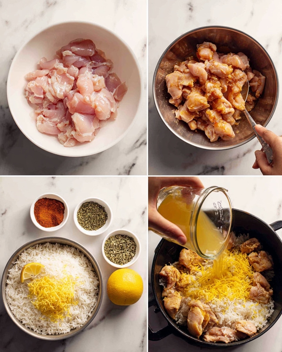 The image shows four steps of a cooking process on a white marbled surface. The first step features a white bowl with raw pink chicken pieces, and four small white dishes below it containing green herbs, red powder, dried herbs, and minced garlic, with half a lemon slice at the bottom. The second step shows a metal bowl filled with diced chicken coated evenly in reddish-brown marinade. The third step captures inside a black pot with white rice mixed with yellow lemon zest, while a woman's hand pours yellow stock from a clear measuring cup into the pot. The last step shows the same black pot with marinated chicken pieces spread on top of the rice and stock, with a woman's hand arranging the chicken. Photo taken with an iphone --ar 4:5 --v 7