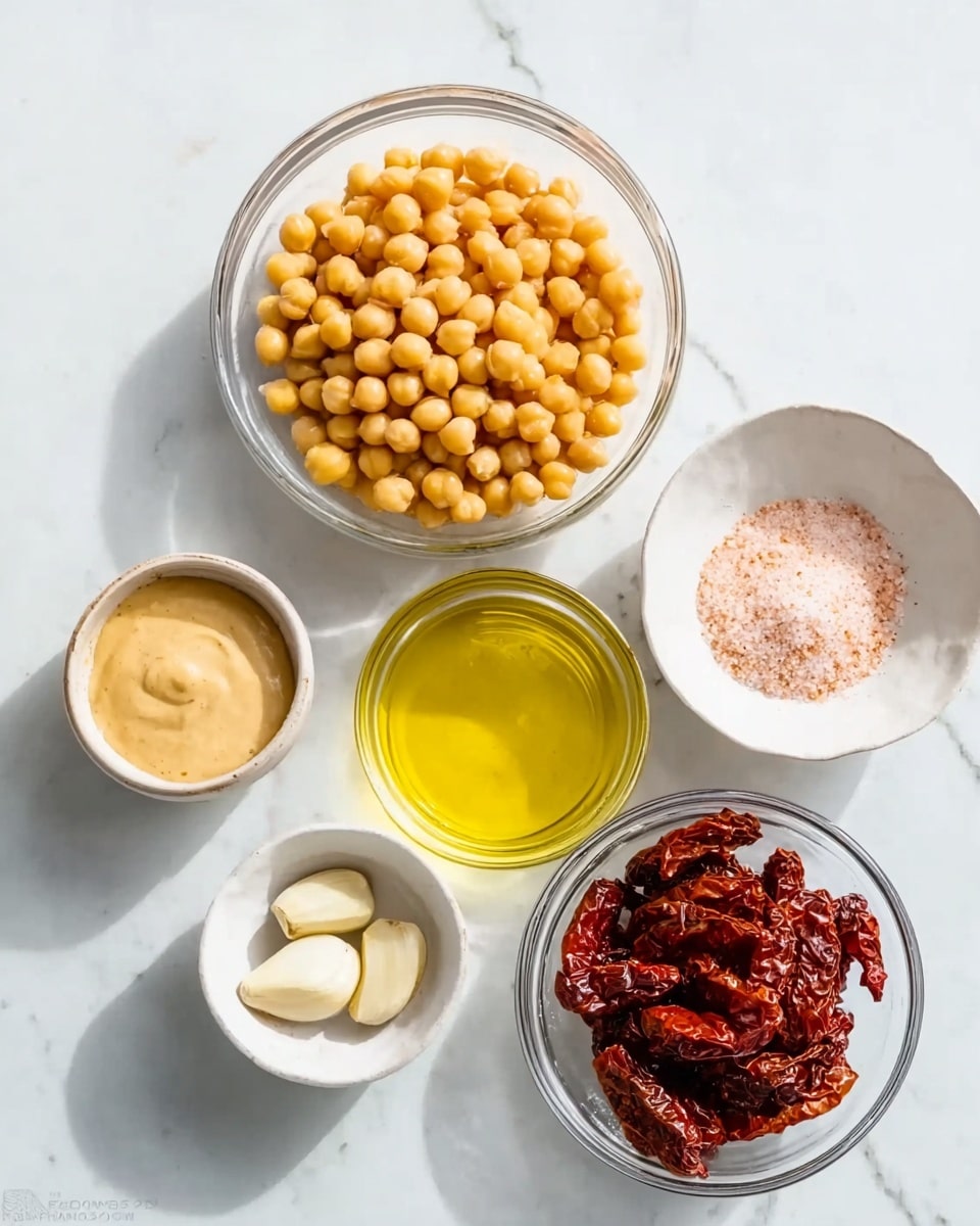 The image shows seven small bowls on a white marbled surface, arranged in a loose circle. At the center top is a clear glass bowl full of light yellow chickpeas with a slightly rough texture. To the right of it at the top is a white bowl with light pink salt. Below the salt on the right side is another white bowl filled with bright yellow olive oil, shiny and smooth. On the bottom right is a clear glass bowl filled with dark red-brown sun-dried tomatoes with wrinkled textures. At the bottom center is a small white bowl holding two pale cloves of garlic. At the bottom left is a white bowl with a creamy tan sauce, thick and smooth. The overall scene is clean and bright, showing fresh, colorful ingredients. Photo taken with an iphone --ar 4:5 --v 7