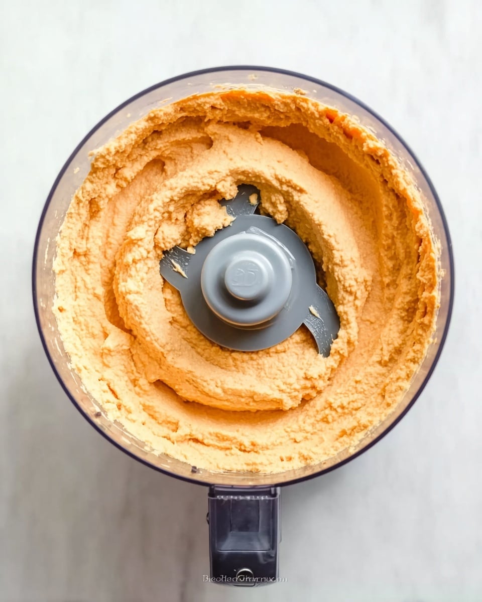 The image shows a top view of a food processor bowl filled with smooth, light orange hummus-like spread. The spread covers the entire inner surface of the clear bowl evenly with a soft and creamy texture. In the center, the gray plastic blade holder is visible, slightly coated with the same spread, adding a subtle contrast. The bowl sits on a white marbled surface with a control knob visible at the bottom, showing a modern kitchen appliance setting. photo taken with an iphone --ar 4:5 --v 7