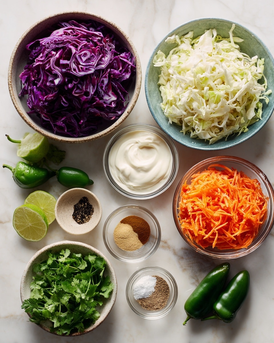The image shows several bowls with different ingredients placed on a white marbled surface. In the top left, a bowl holds shredded purple-red cabbage showing its deep reddish-purple color and texture. Below it, another bowl contains shredded white cabbage with light cream and pale green shades. To the right, a clear bowl holds bright orange shredded carrot. In the center, there are two small glass bowls, one with smooth white Greek yogurt and another with mayo that has a creamy texture. Surrounding these are small clear bowls with spices and seasonings: ground cumin in light brown, black pepper, and white salt. Fresh whole jalapeño and lime are also placed on the surface along with a small bowl of roughly chopped cilantro leaves showing a rich green color. The photo is taken with an iphone --ar 4:5 --v 7