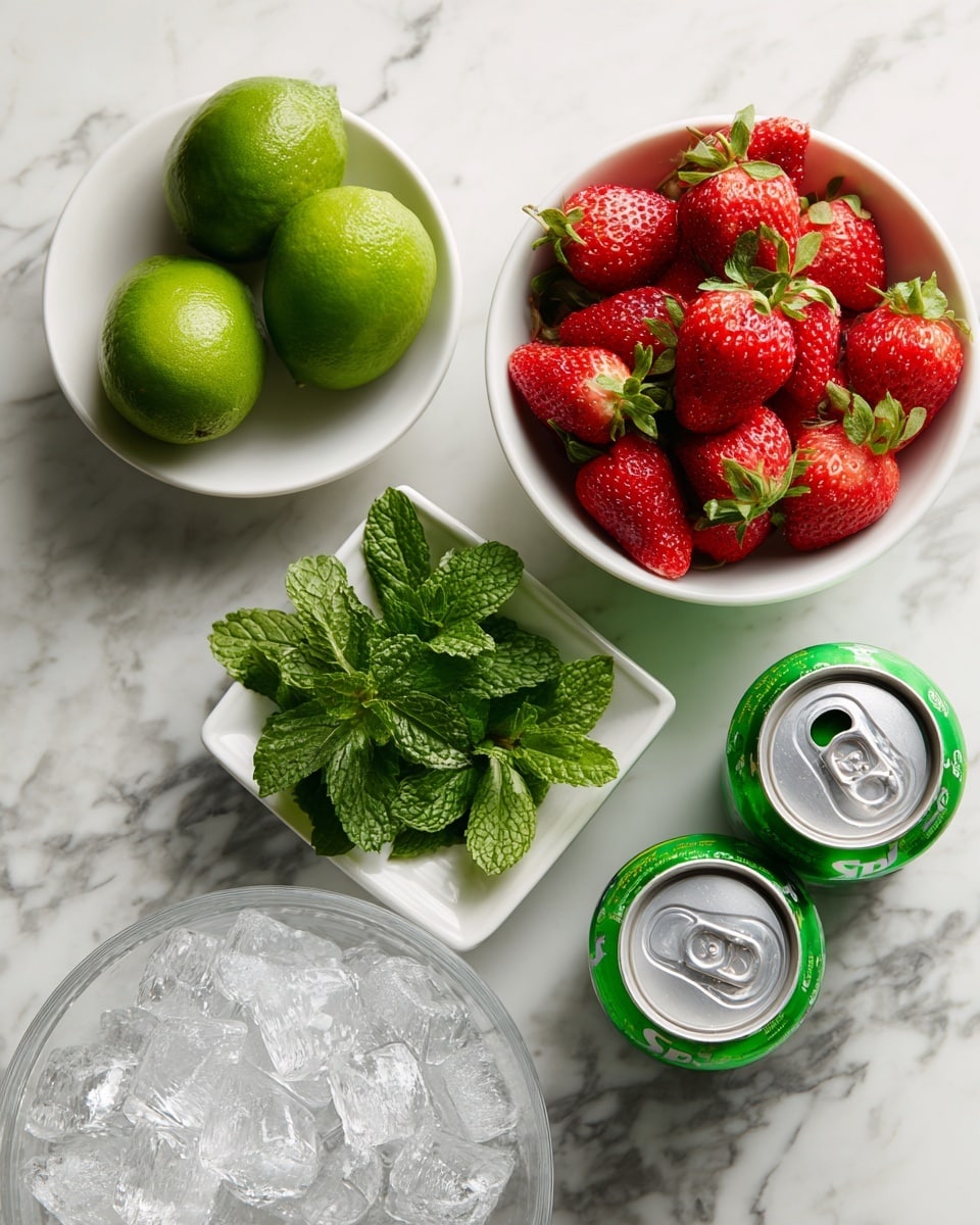 The image shows a white marbled surface with five main items arranged neatly: a small white bowl at the top left holding two bright green limes with a smooth texture, a white bowl at the top right filled with several fresh red strawberries, some whole and one cut in half to show the red inside and green leaves on top, a small white square dish centered below the bowls holding dark green mint leaves with textured veins, two green cans of Sprite lying next to each other at the lower right, and a clear glass bowl filled with clear ice cubes at the lower left. The scene is bright and fresh. photo taken with an iphone --ar 4:5 --v 7