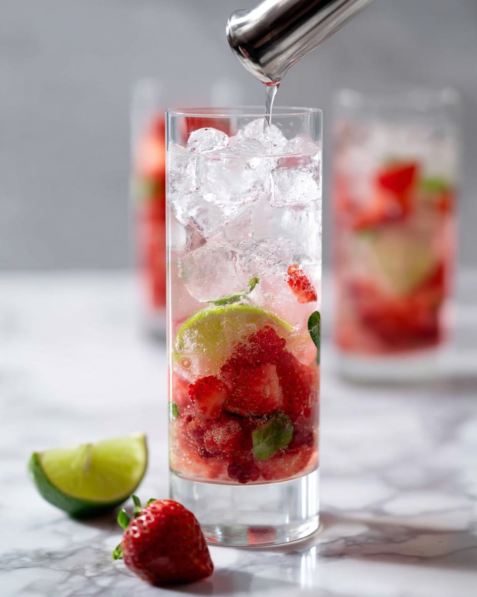 A tall clear glass shows four steps of making a strawberry lime drink on a white marbled surface. In the first step, several red strawberry pieces with small green leaves are at the bottom, a lime wedge is near the glass. Step two shows a silver muddler pressing down on the strawberries inside the glass, breaking them up and mixing them with the green leaves. Step three adds several chunks of clear ice on top of the mashed strawberries, filling most of the glass. The last step shows the glass now full with a pink-red liquid, floating lime slices, small green leaves, and ice cubes, creating a refreshing fruity drink, with a second glass with the same drink slightly blurred in the background. Photo taken with an iphone --ar 4:5 --v 7