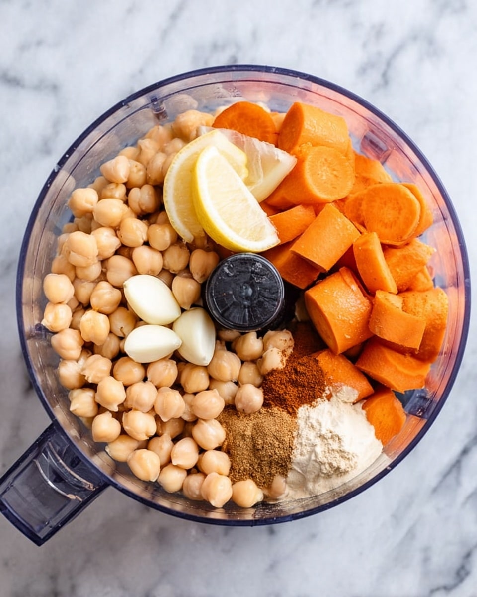A clear food processor bowl filled with several layers of ingredients on a white marbled surface. The bottom layer consists of whole pale beige chickpeas covering around half of the bowl. Next to the chickpeas, there are large chunks of bright orange carrots filling nearly the other half. Two lemon wedges with pale yellow flesh rest on top of the chickpeas near the edge. Three white garlic cloves are placed among the carrots. Near the center, there is a small pile of brown spice powder and a blob of off-white creamy sauce. The food processor blade is barely visible underneath the ingredients. Photo taken with an iphone --ar 4:5 --v 7