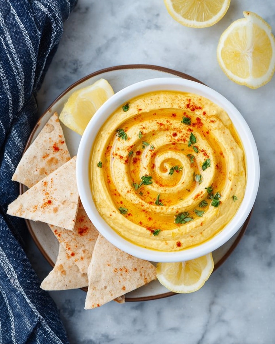 A white bowl filled with creamy yellow hummus, styled with a spiral swirl pattern on top, drizzled with golden olive oil, and sprinkled with red paprika and small green parsley leaves. The bowl is placed on a round plate holding several triangle-shaped flatbread pieces, all resting on a white marbled surface. Three lemon halves are placed above the plate, and a dark blue cloth with white stripes lies to the left side. The overall look is fresh and inviting. photo taken with an iphone --ar 4:5 --v 7