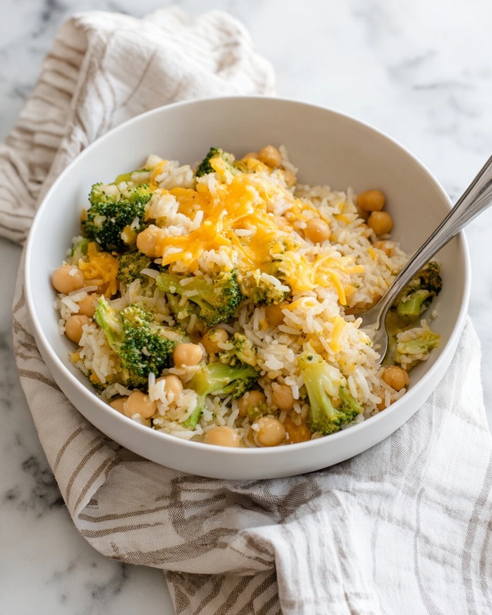 A white bowl filled with a mix of cooked white rice, small broccoli florets, light beige chickpeas, and melted shredded yellow cheese scattered on top. The ingredients are mixed together with the cheese slightly melted and dripping on the rice and vegetables. A silver fork rests inside the bowl on the right side, partially buried in the food. The bowl sits on a white and beige striped cloth on a white marbled surface. Photo taken with an iphone --ar 4:5 --v 7