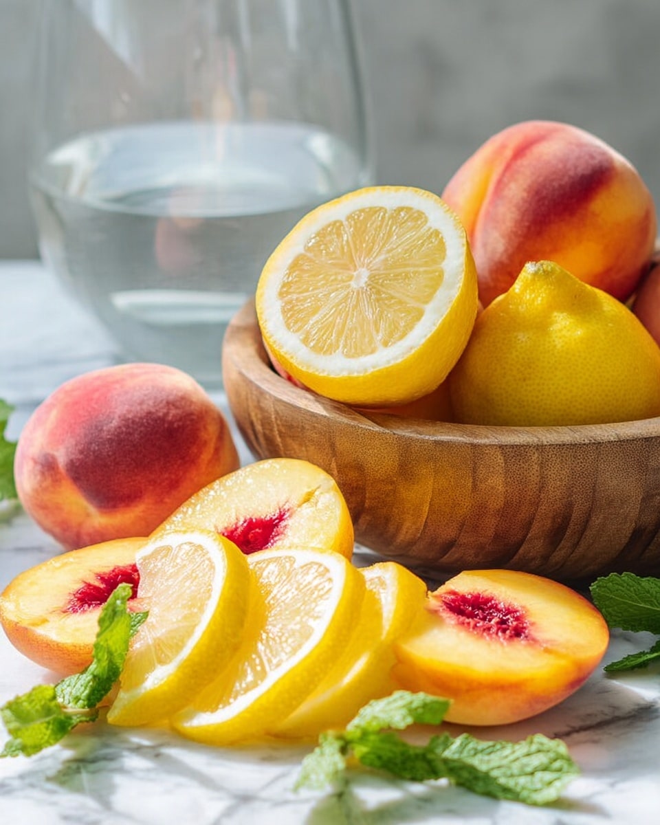 The image shows a fresh arrangement of fruits on a white marbled surface, featuring a wooden bowl filled with whole peaches and a lemon cut in half resting on top. In front of the bowl are bright yellow lemon slices laid flat, with a few peach slices with red centers placed on top of the lemon slices. Two whole peaches are positioned next to these slices. Small green mint leaves are scattered among the fruit, adding a fresh touch. The background is softly blurred, including a clear glass of water. The light is natural and soft, highlighting the juicy textures and vibrant colors of the fruit photo taken with an iphone --ar 4:5 --v 7