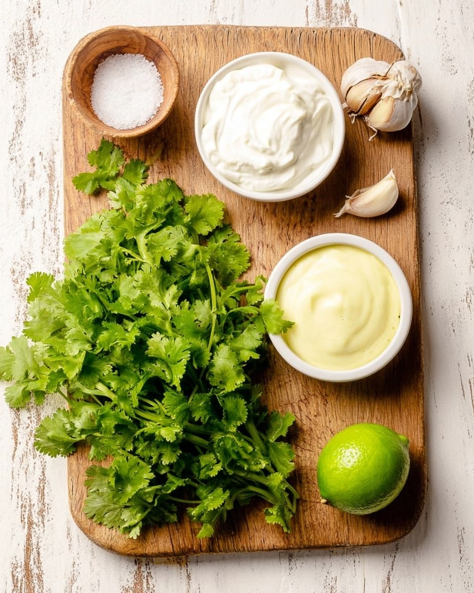 A wooden board with fresh green cilantro leaves spread out in the bottom left corner, a bright green lime placed to the right of the cilantro, a small white bowl filled with smooth white cream positioned near the top center, a smaller white bowl with creamy yellow sauce placed to the right of the white cream, a small wooden bowl containing coarse white salt near the top left, and a single clove of garlic near the salt. The background is a white marbled surface photo taken with an iphone --ar 4:5 --v 7