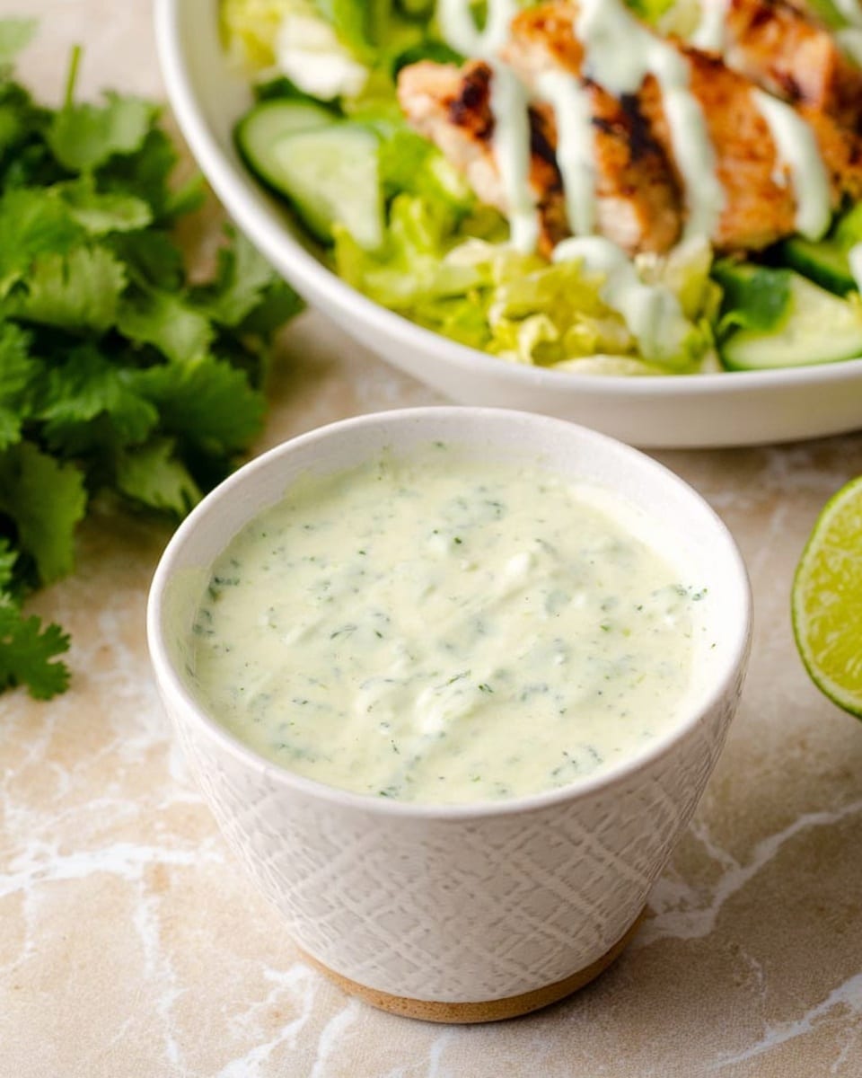 A small white textured bowl filled with creamy light green sauce that has tiny darker green herb bits throughout. In the background, there is a white bowl with a salad made of bright green lettuce, slices of light green cucumber, and light brown grilled chicken pieces. The salad has a drizzle of the same light green sauce on top. To the left of the small bowl, there is a fresh green cilantro bunch and a wedge of a lime on a white marbled surface. photo taken with an iphone --ar 4:5 --v 7