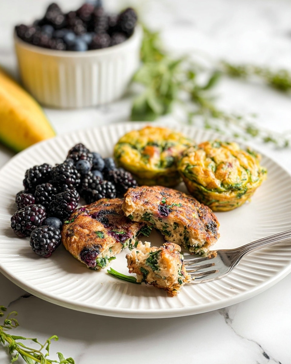 On a white plate with a ridged edge, there are two brown patties with green leafy bits inside, one of which has a small piece taken from it and placed on a silver fork resting on the plate's edge; behind them is a cluster of dark purple blackberries and blueberries mixed together, with two small round frittatas that are yellow with green leafy bits sitting beside the fruit; behind all this is a green vegetable fritter with visible zucchini strips, and the whole scene is set on a white marbled surface with some sprigs of herbs around, next to a white bowl filled with more blackberries and blueberries in the background; photo taken with an iphone --ar 4:5 --v 7