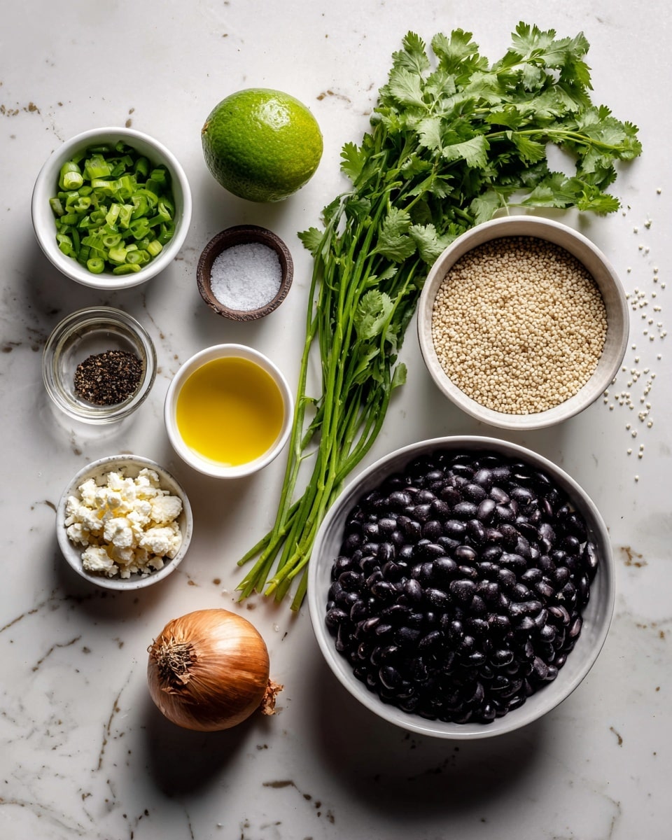 The image shows several ingredients arranged on a white marbled surface. There is one big white bowl filled with black beans in the bottom right, and another medium white bowl to the right side filled with dry quinoa. Above the quinoa bowl, there is a bunch of fresh green cilantro with stems. Near the top center, a whole lime is placed next to a small white bowl filled with sliced green onions. To the left side, a small white bowl holds crumbled cotija cheese, and below it, another small white bowl contains yellow olive oil. Next to the olive oil is a small pile of salt and pepper in a white bowl. Just below, there is a small white bowl with honey and a glass with broth next to it. In the center of the arrangement, a small whole shallot sits on the marble surface. Photo taken with an iphone --ar 4:5 --v 7