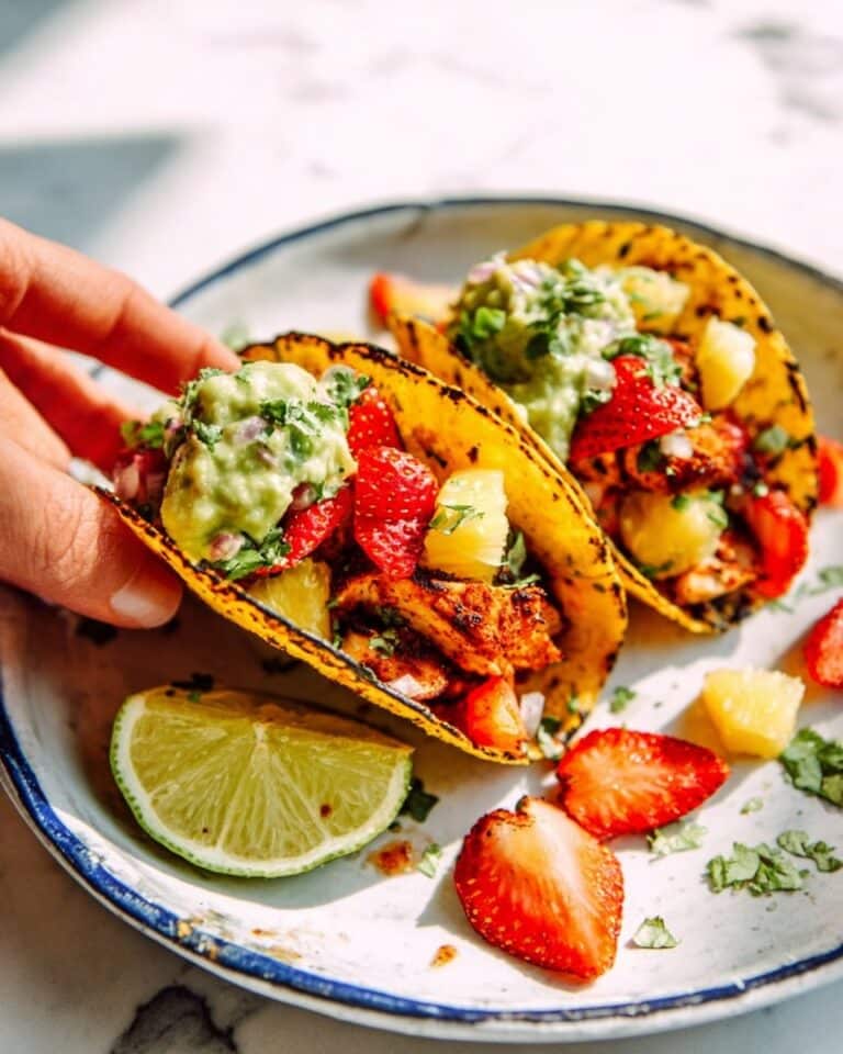 Mahi Mahi Fish Tacos with Strawberry Pineapple Slaw and Avocado Crema Recipe