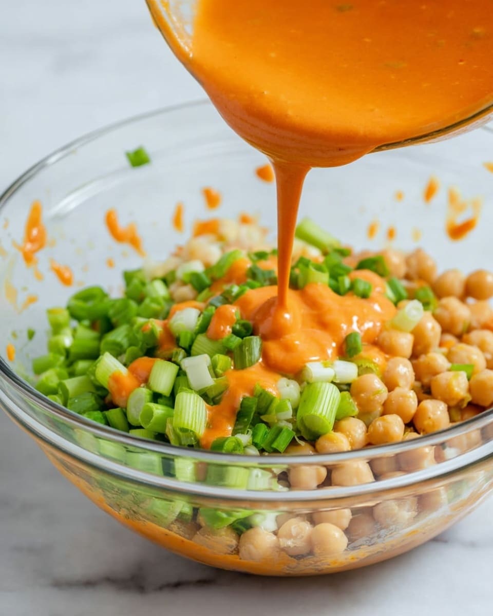 A clear glass bowl filled with three main layers: the bottom layer is light beige chickpeas, the middle layer is chopped fresh green onions scattered evenly, and on top, a smooth, thick orange sauce is being poured, creating a vibrant contrast. The bowl sits on a white marbled surface, with some drops of sauce splattered inside the bowl's sides, highlighting the fresh and colorful ingredients. photo taken with an iphone --ar 4:5 --v 7