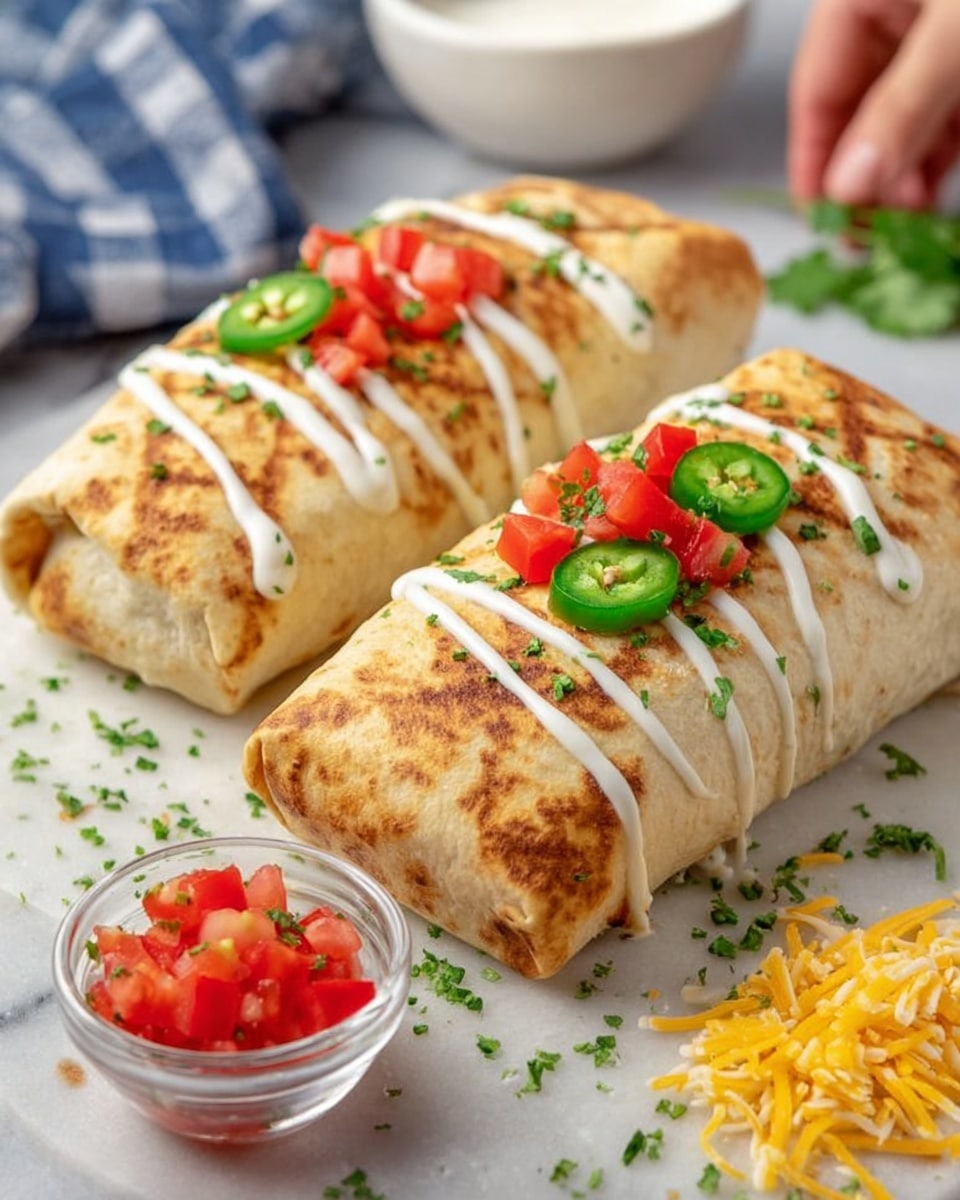 The image shows two thick burritos placed side by side on a white marbled surface. Each burrito is wrapped in a light golden tortilla with grill marks and is drizzled with white sauce in thin lines across the top. On each burrito, there is a small pile of diced red tomatoes and two green jalapeño slices. Finely chopped green herbs are sprinkled over the burritos and the surrounding surface. Near the burrito in the front, there is a small clear glass bowl filled with diced red tomatoes and jalapeño slices, and a small pile of shredded yellow and white cheese to the side. A woman's hand is reaching towards the burrito in the background. The background shows a blurred white bowl and a blue and white checkered cloth. Photo taken with an iphone --ar 4:5 --v 7