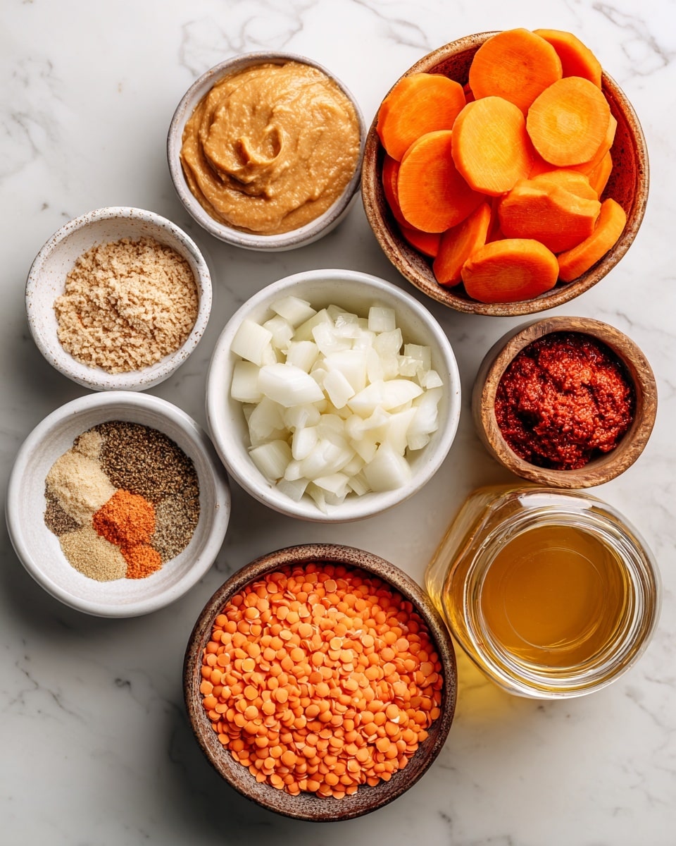 A top-down view of several white bowls and one brown bowl arranged on a white marbled surface, each filled with different ingredients. The top right bowl is filled with thick, bright orange carrot slices, the bottom center brown bowl holds white chopped onion pieces, and the bottom left white bowl contains small, round red lentils. Above the lentils is a tiny white chunk of chopped garlic, near the center is a round white bowl filled with smooth, light brown cashew butter. A small white bowl with a mix of light and dark brown spices is also on the top left. To the top right of the spices is a rustic small brown bowl full of coarse red harissa paste. On the bottom right side, a glass jar with a golden liquid broth completes the scene. photo taken with an iphone --ar 4:5 --v 7