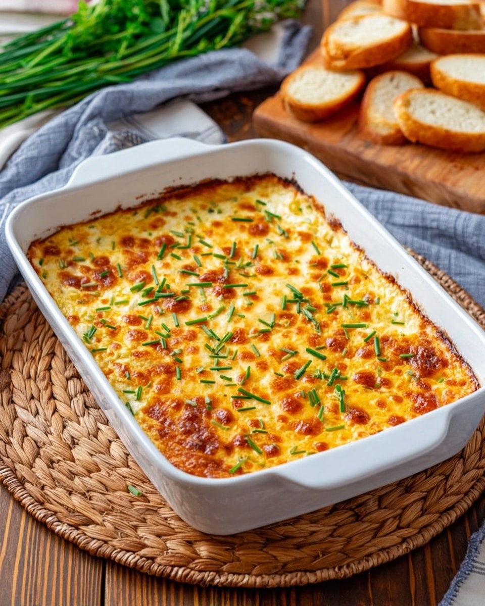 A white rectangular baking dish filled with a golden-brown baked cheese layer on top, speckled with green herb pieces scattered evenly across the surface. The dish sits on a woven placemat that rests on a wooden table. Beside the baking dish, there is a white baguette placed on a blue cloth and a small wooden board holding several toasted white bread slices. The background features a white marbled texture. photo taken with an iphone --ar 4:5 --v 7