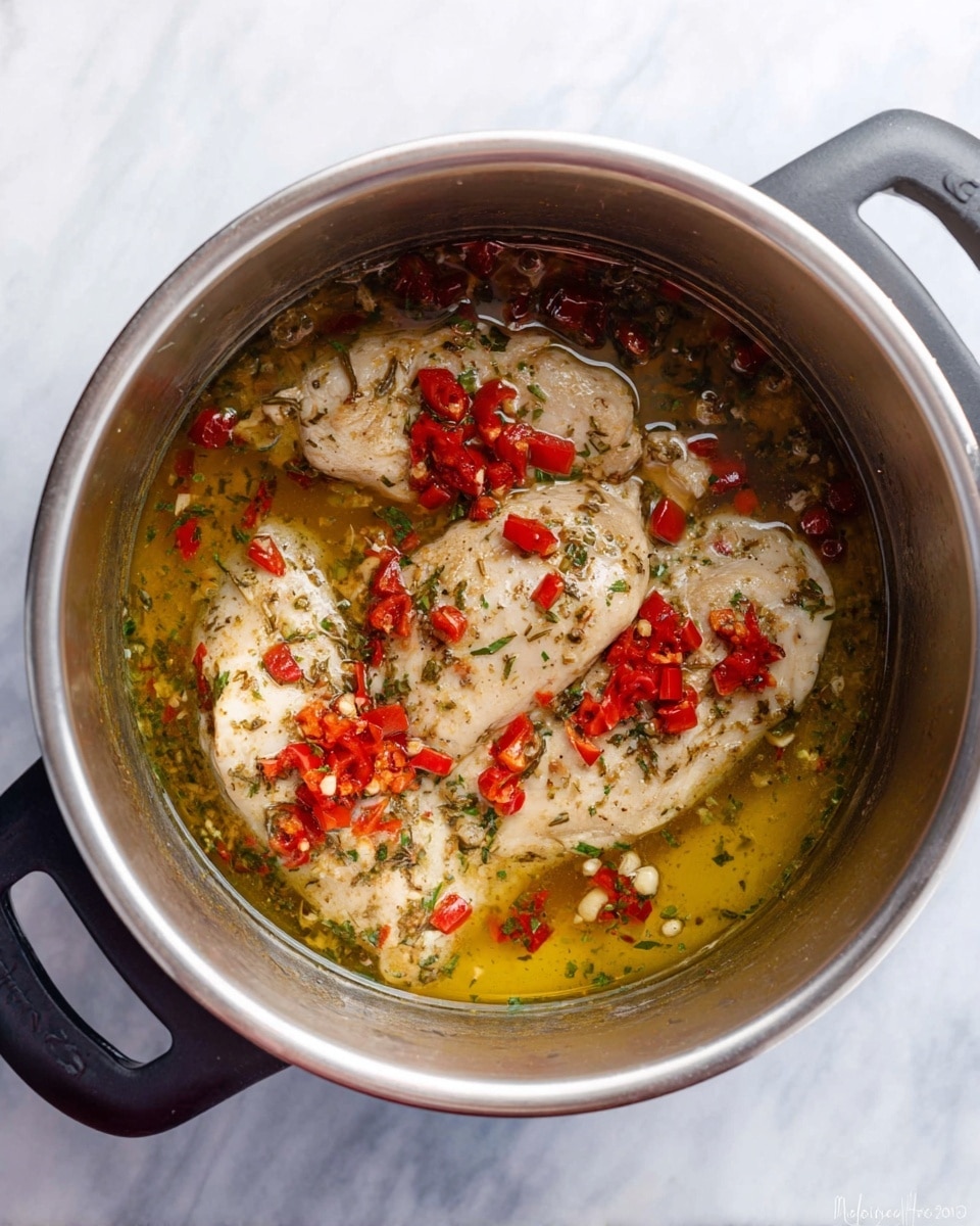 Inside a silver metal pot with black handles, there are three pieces of cooked light beige chicken layered flat on the bottom. The chicken is topped with small, chopped bright red peppers scattered unevenly. The meat sits in a greenish-yellow liquid with visible herbs and small bits of white garlic floating in it. The pot is placed on a white marbled surface. photo taken with an iphone --ar 4:5 --v 7