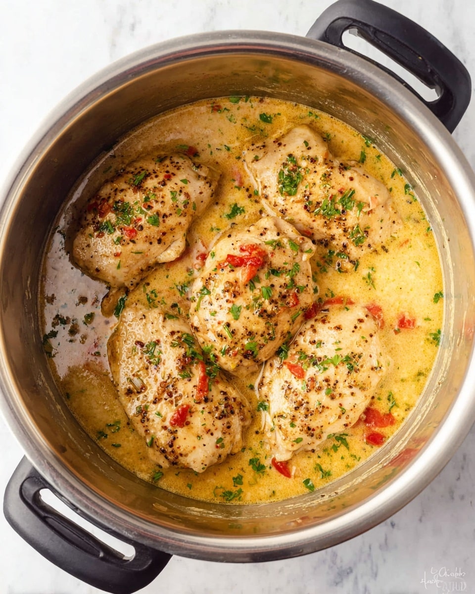 The image shows four creamy chicken pieces cooking in a shiny silver pot. The chicken pieces are light golden with specks of black pepper and herbs. They sit in a thick yellow sauce with small red tomato bits and green parsley sprinkled on top. The pot has black handles, and the scene is set on a white marbled surface. The sauce covers the bottom layer while the chicken pieces rest evenly inside, giving a warm and rich look. photo taken with an iphone --ar 4:5 --v 7