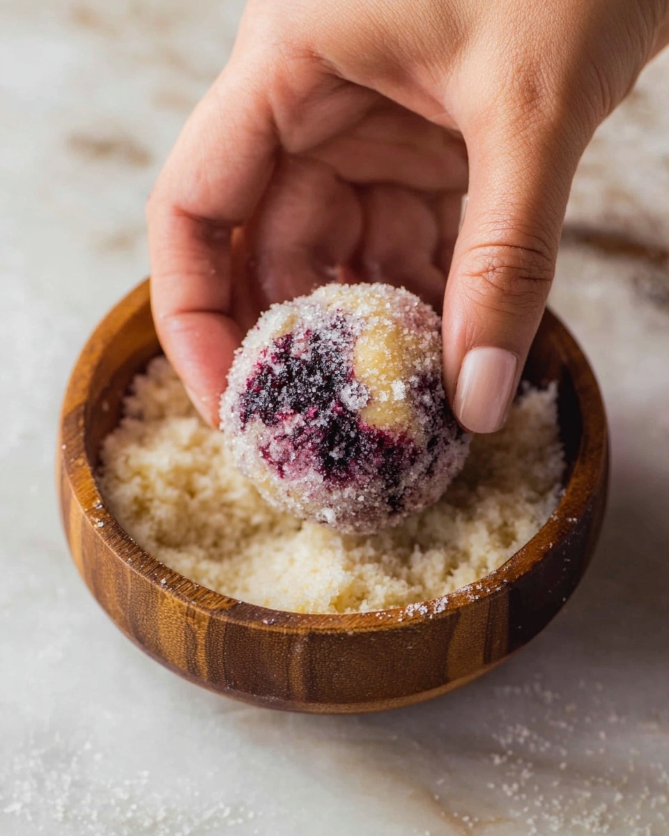 A woman's hand is holding a round dough ball mixed with dark purple berries, covered in a layer of granulated sugar. The dough ball has a rough texture with sugar crystals visible on the surface, showing spots of the purple berry inside. The hand is dipping the dough ball into a shallow wooden bowl filled with a grainy white sugar mixture. The background is a white marbled texture. photo taken with an iphone --ar 4:5 --v 7