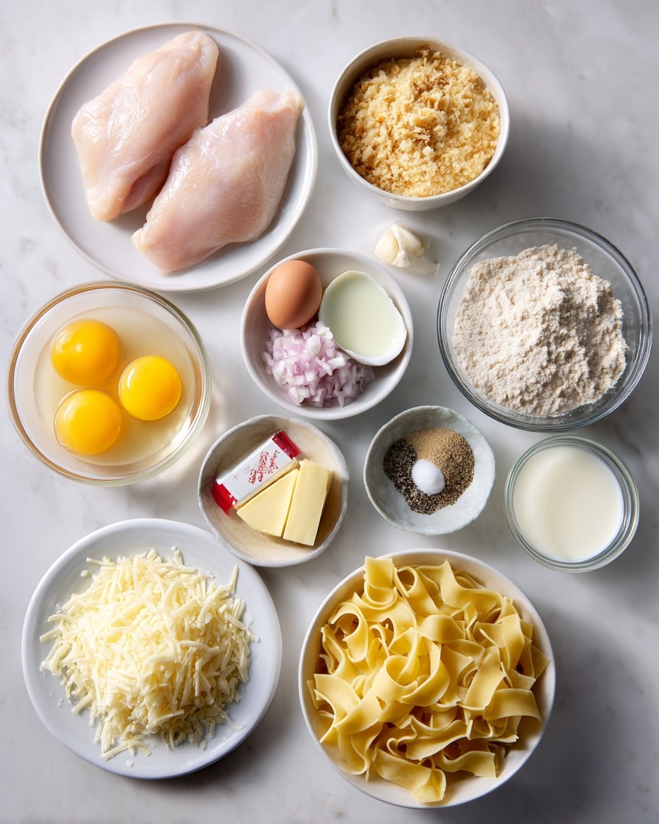 A metal tray with various ingredients neatly placed in white bowls and plates on a white marbled surface. In the top left, two pieces of raw chicken breasts sit on a white plate. To the right, a white bowl filled with golden seasoned breadcrumbs. Below the chicken, a clear bowl holds three cracked eggs with visible yolks. Next to it, a small white bowl has finely chopped light purple shallots. To the right of the shallots, a small white bowl contains a light brown minced garlic mixture. Below, a white plate has flat pasta noodles in a pale yellow shade. On the bottom left, a white bowl is filled with grated parmesan cheese, next to it a small white bowl of salt and black pepper mix. In the center bottom, a white small plate holds bright yellow lemon zest, beside it a tiny bowl with a mix of black pepper and salt. To the right, a small clear glass bowl contains light yellow lemon juice and next to it, another clear bowl has white heavy cream. A stick of butter with a red wrapper is placed near the eggs. The photo taken with an iphone --ar 4:5 --v 7