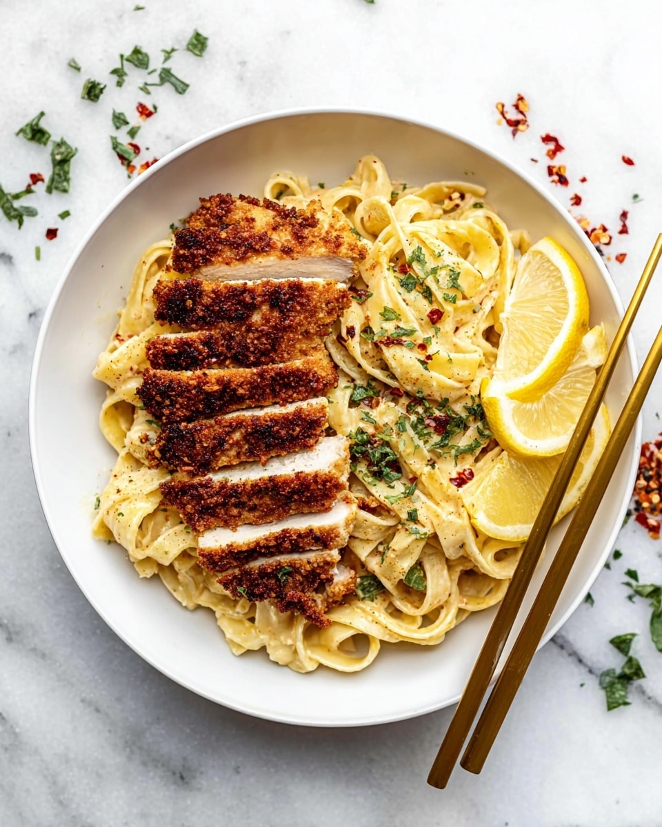 A white plate holds a creamy pasta dish with thick, flat noodles covered in a light white sauce speckled with red chili flakes and green herbs. On top of one side of the pasta lies a layer of crispy, browned seasoned chicken cut into thick slices with a dark orange-brown crust and green herb sprinkles. A thin lemon slice rests at the back of the plate, adding a touch of bright yellow to the colors. Two silver chopsticks lay on the right edge of the plate. The background is a white marbled texture. Photo taken with an iphone --ar 4:5 --v 7