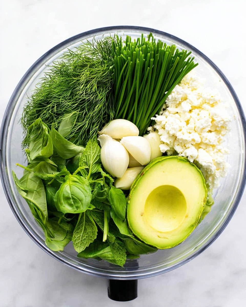 In a clear round bowl, there are several fresh ingredients placed side by side. Starting from the top left, there is a bunch of light green dill with its thin needle-like leaves. Next to it, moving right, is a cluster of long, thin, dark green chives. Below the chives, there is a small pile of crumbled white cheese. To the right of the cheese, there are three white garlic cloves. At the center near the bottom, there are two halves of a bright green avocado with the pits removed, showing smooth creamy inside. Below the dill on the left side, there is fresh green basil with broad leaves, and in front of the basil, fresh green mint leaves can be seen. The bowl is placed on a white marbled surface. photo taken with an iphone --ar 4:5 --v 7