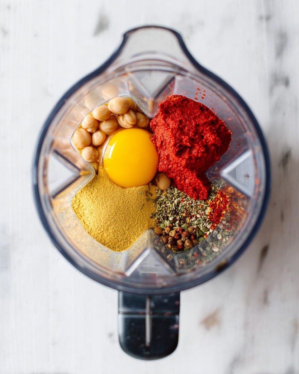 The image shows a blender from above with several ingredients inside. There is one egg yolk, bright yellow and smooth, positioned on the left side. To its right is a pile of light yellow powder with a fine texture. Below the egg yolk are small light brown beans clustered together. On top of the beans, a dollop of vibrant red paste with a slightly thick texture is placed. Next to the paste, at the bottom right, is a mixed heap of dried green and red spices with a coarse look. The blender is clear with visible ridges and a black handle, placed on a white marbled surface. Photo taken with an iphone --ar 4:5 --v 7