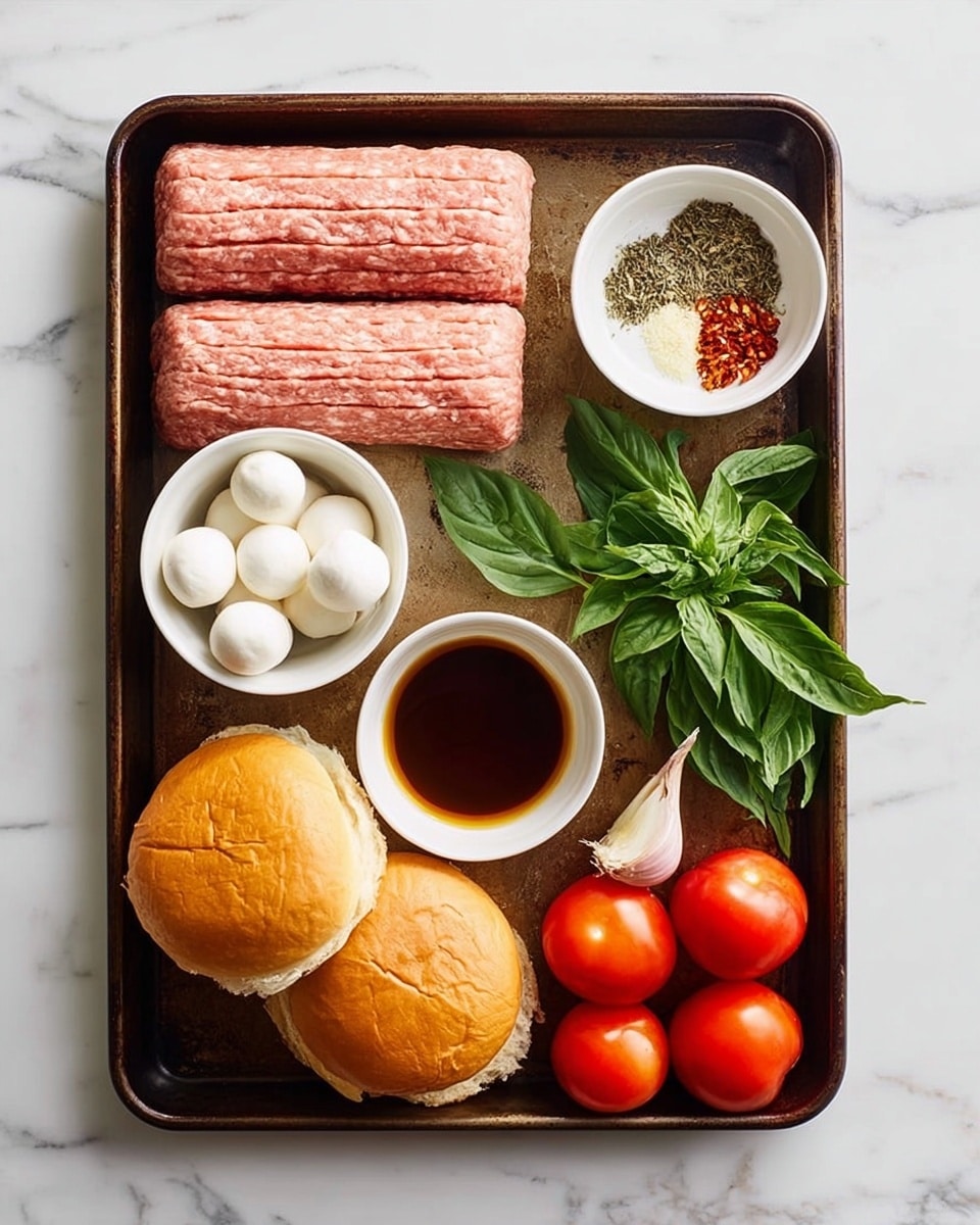A dark metal baking tray sits on a white marbled surface. On the tray, there are three long, raw light pink ground meat patties stacked near the top left. To the right of them, there are two small white bowls: the top one has a mix of dried herbs and red pepper flakes, and the bowl below holds a dark brown sauce. Below the meat on the left, a small white bowl contains four round white mozzarella balls. In the middle of the tray, a small bunch of fresh green basil leaves lies beside two golden brown burger buns, with one bun on the left bottom corner and one just above it. On the right bottom side of the tray, four red tomatoes are arranged in a loose cluster just above a single garlic clove. Photo taken with an iphone --ar 4:5 --v 7