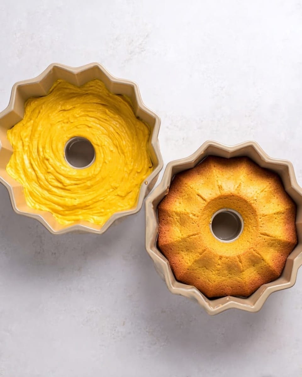 A ring-shaped cake pan with a star-like edge is shown from above on a white marbled surface. On the left side, it holds smooth, bright yellow cake batter evenly spread with thick texture filling the pan up to the edge. On the right side, the same pan holds a baked cake with a golden brown top that looks slightly cracked and risen, showing a soft texture. The pan is light beige colored and has a central hole. Photo taken with an iphone --ar 4:5 --v 7