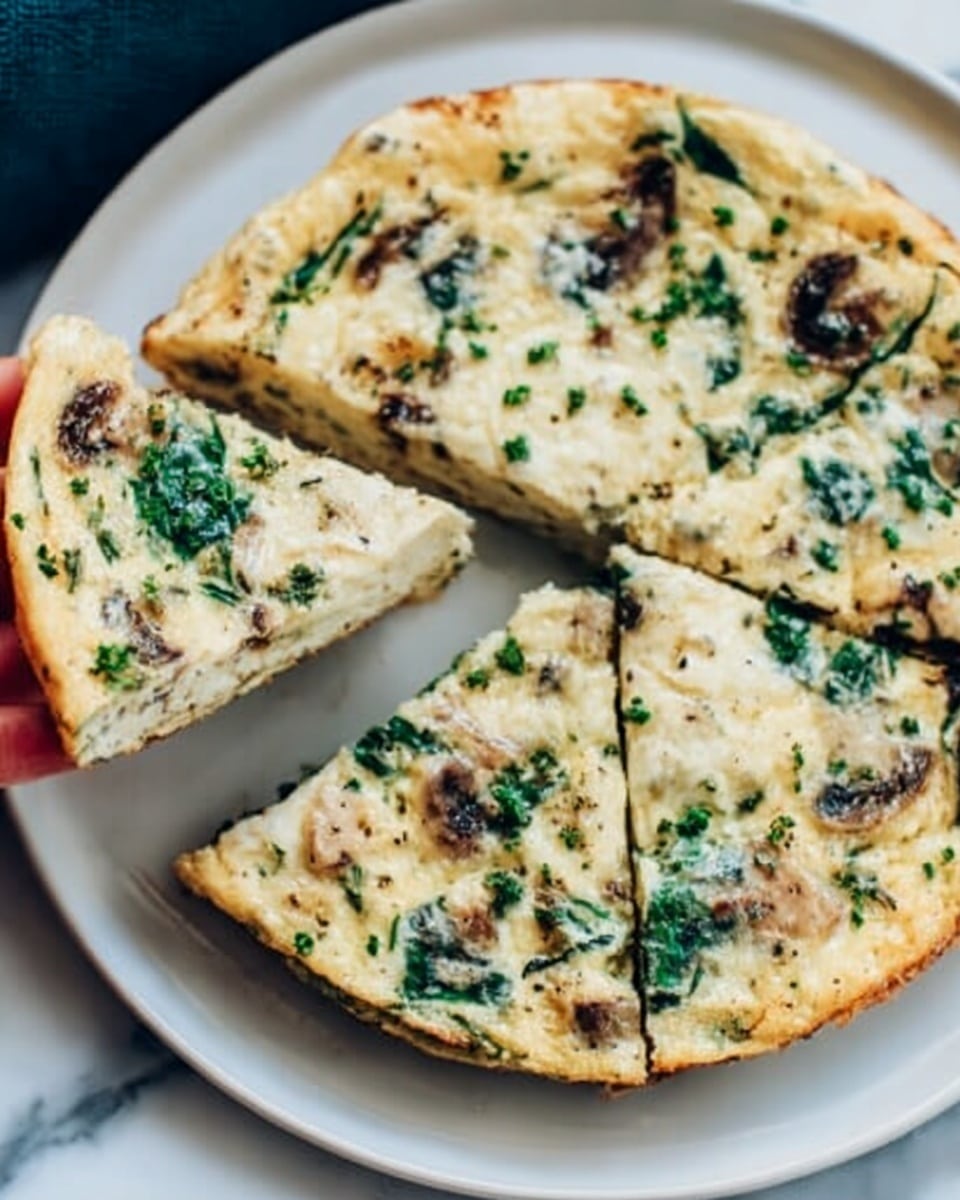 The image shows a close-up of a white serving plate holding a round frittata sliced into wedges. The frittata has a light golden top with visible melted cheese, green spinach leaves, and small brown mushroom pieces mixed inside. The texture looks soft and slightly fluffy with some herbs sprinkled on top. A woman's hand is gently holding one slice, lifting it slightly from the plate. The background is a white marbled surface. photo taken with an iphone --ar 4:5 --v 7