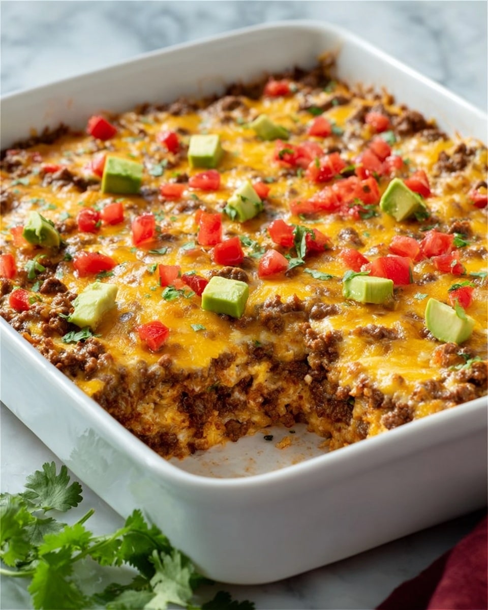 A white rectangular baking dish filled with a layered casserole showing a top layer of melted golden cheese mixed with browned ground meat, small red tomato pieces, and green avocado chunks scattered across. The layers underneath show a mix of cooked ground meat and vegetables peeking through the cheese topping. The dish sits on a white marbled surface with fresh cilantro leaves next to it. The lighting highlights the cheese’s melted texture and the colorful, chunky ingredients. photo taken with an iphone --ar 4:5 --v 7