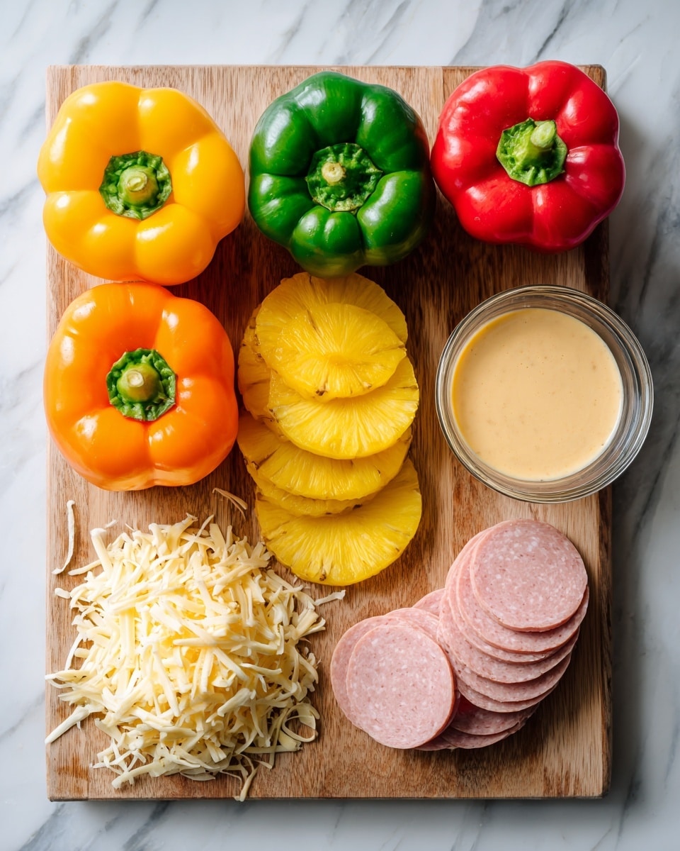 The image shows a wooden cutting board on a white marbled surface, holding four whole bell peppers arranged in a row: yellow, red, orange, and green from left to right. Below them are four round, bright yellow pineapple rings placed side by side. At the bottom left, there is a pile of shredded pale yellow cheese, and next to it on the right is a neat stack of round light pink meat slices. To the far right, there is a small clear glass bowl filled with creamy beige sauce. Photo taken with an iphone --ar 4:5 --v 7