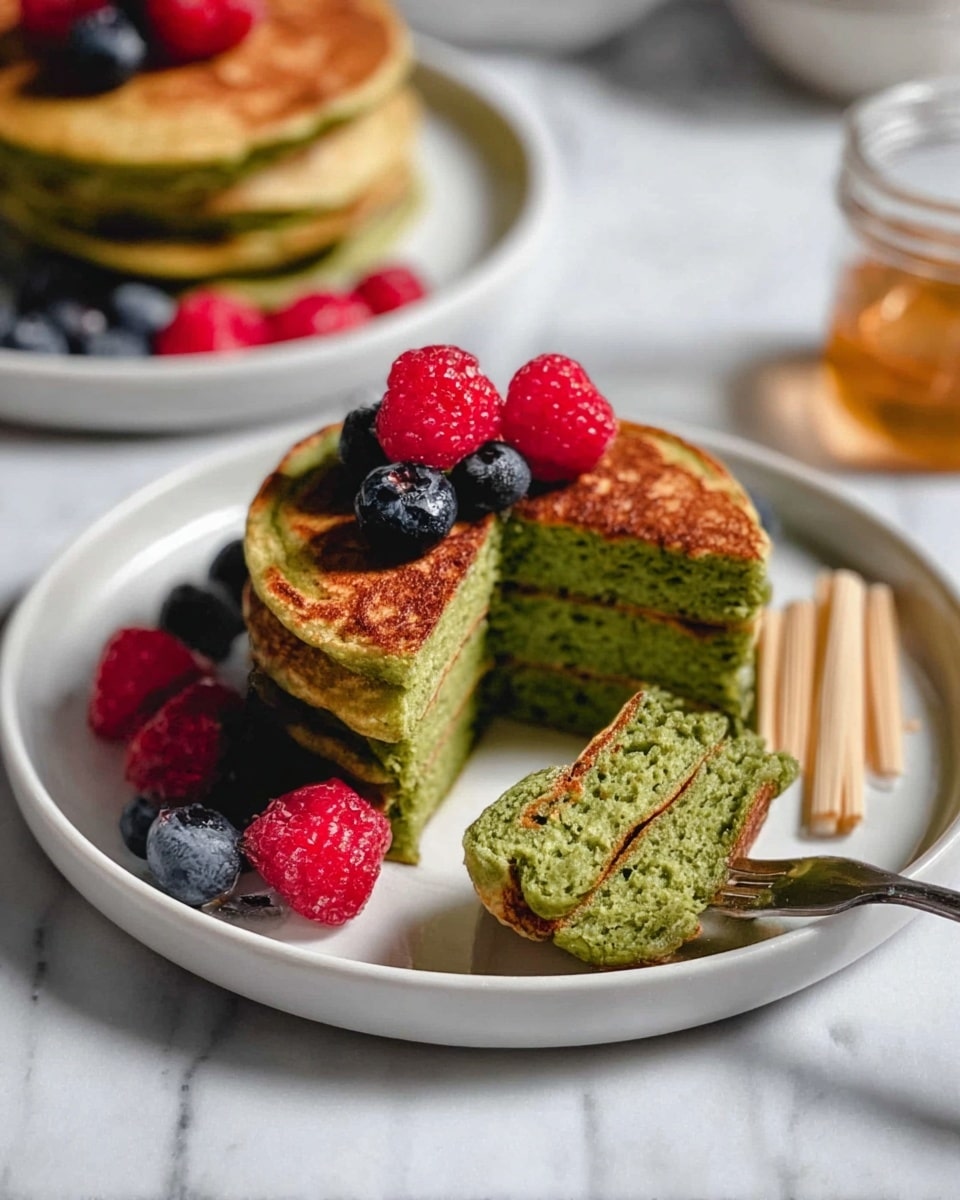 A stack of two thick green pancakes with a golden brown top sits on a white plate with a white marbled surface underneath. The stack is cut slightly, showing the soft, dense green inside layers. On top are three fresh berries: two red raspberries and one dark blue blueberry. Around the pancake stack on the plate are more fresh raspberries and blueberries. To the right side, three beige sticks are placed neatly. A silver fork holds a piece of the green pancake in the foreground. In the blurry background, there is another stack of similar pancakes with berries on top and a small glass jar with a golden liquid. Photo taken with an iphone --ar 4:5 --v 7