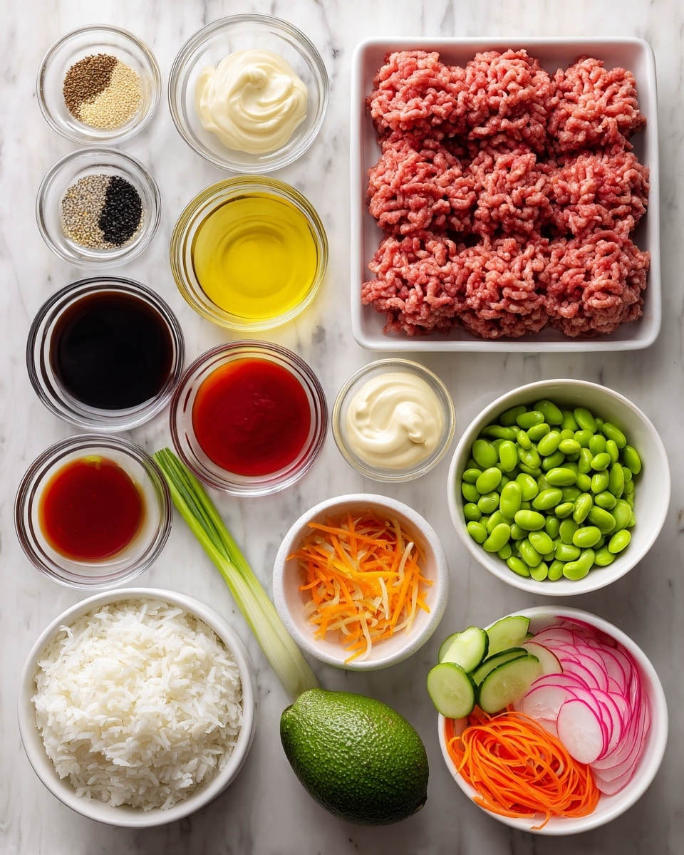 The image shows various ingredients arranged neatly on a white marbled surface. At the top right is a white tray with raw ground turkey, textured with tight rows. To the left in a white bowl are mixed spices in small piles with colors of black, beige, white, and red. Below are small clear bowls with dark soy sauce, brown sesame oil, light yellow honey, bright red sweet chili sauce, dark red sriracha, and a bit of clear rice vinegar. Fresh garlic cloves rest near the sesame oil. A small white bowl of green edamame sits near a white bowl filled with white cooked rice that looks fluffy. Next to the rice is a clear bowl of creamy mayo. At the bottom right, a white bowl holds sliced topping ideas including orange shredded carrots, pink and white radish slices, and green cucumber rounds. Nearby are a whole avocado and some green onion stalks. Everything is clearly separated with clean bright colors, photo taken with an iphone --ar 4:5 --v 7