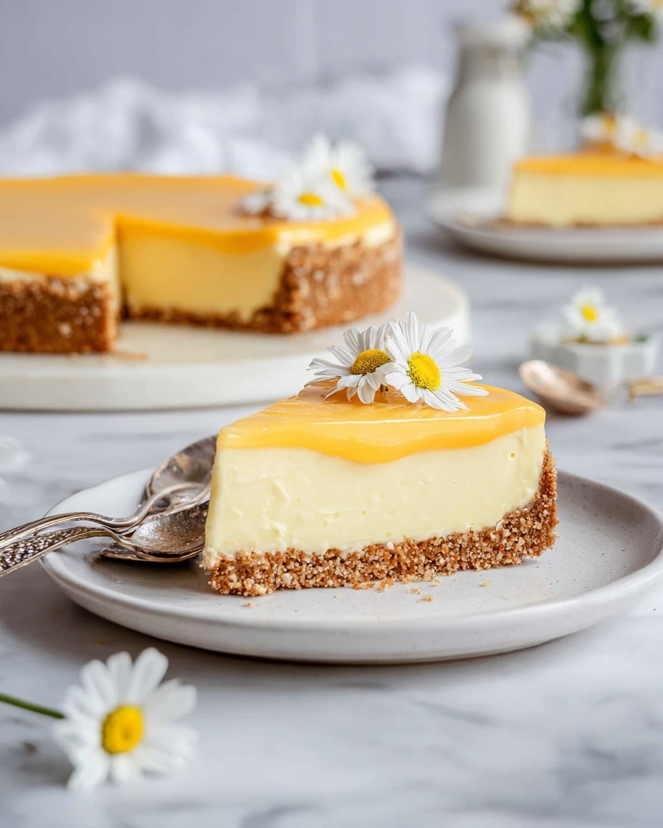 A round tart with two visible layers: a light brown crust that looks crumbly and firm, forming the base and edges, and a smooth, bright yellow-orange filling covering the top. Around the edge of the tart's filling is a ring of toasted white coconut flakes mixed with small white flowers with yellow centers evenly placed on top. Two slices are removed from the tart, one resting on the same white plate nearby with a silver fork beside it. The entire scene is set on a white marbled surface with a glass of milk and a small bowl of toasted coconut flakes nearby. Photo taken with an iphone --ar 4:5 --v 7