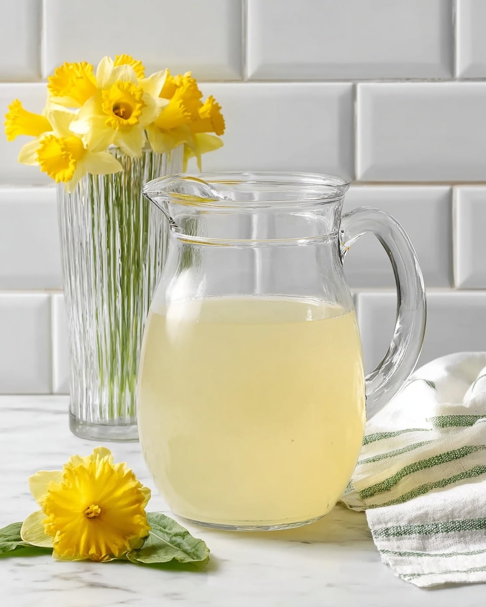 A clear glass pitcher is filled three-quarters full with a pale yellow liquid, sitting on a white marbled surface. To the left behind the pitcher is a clear ribbed glass vase holding several bright yellow flowers. In front of the pitcher lies one yellow flower with green leaves placed on the table. To the right of the pitcher is a white cloth with green stripes folded neatly. The background consists of a white subway tile wall. The image is well-lit with soft, natural lighting giving it a fresh and clean look. photo taken with an iphone --ar 4:5 --v 7