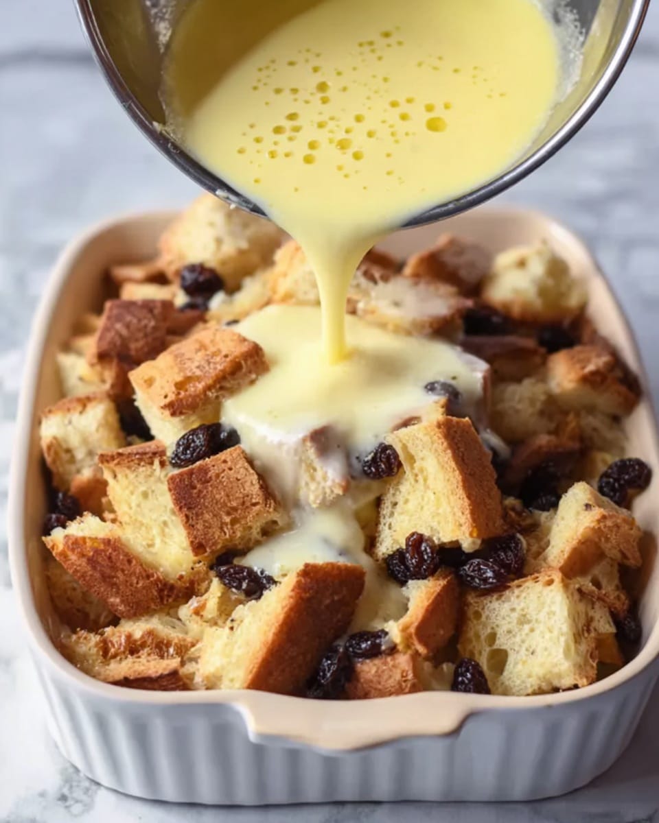 The image shows a close-up of a white casserole dish filled with toasted bread cubes and dark raisins. A creamy yellow liquid mixture is being poured over the bread from a silver bowl, creating bubbles and foam as it flows down. The bread cubes are golden brown with some lighter soft white parts visible inside. The dish sits on a white marbled surface, adding a clean and bright background to the scene. Photo taken with an iphone --ar 4:5 --v 7