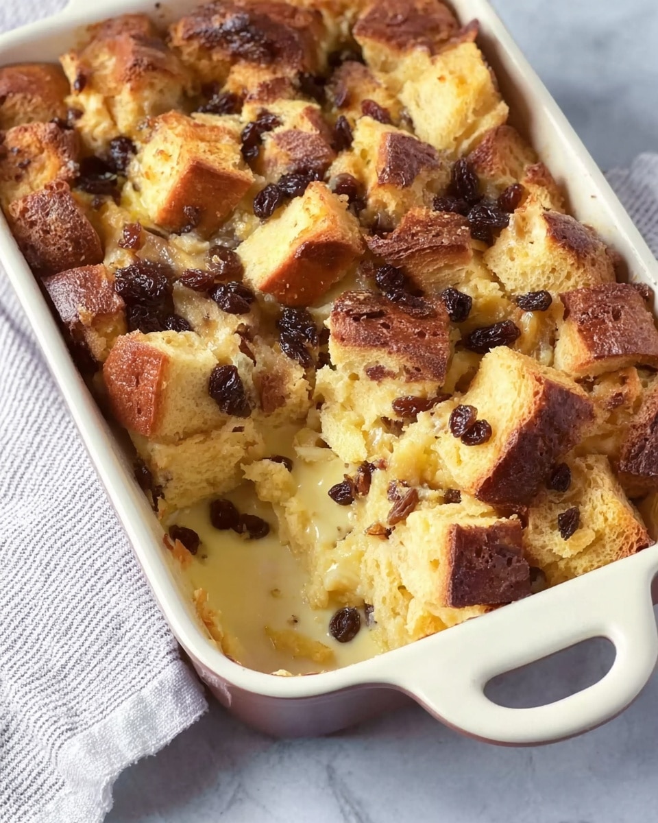 The image shows a dish in a white baking dish with curved handles, filled with a bread pudding made of golden brown toasted bread cubes layered unevenly on top. Some bread pieces are lighter yellow and soft, while others are crisp and darker brown. Scattered throughout the top are dark raisins that add texture contrast. The bread pudding appears moist with a creamy custard soaked into the bread underneath the crispy top. A portion is missing, revealing the soft, creamy inside with layers of soaked bread and custard. The dish sits on a white marbled surface next to a light striped cloth. Photo taken with an iphone --ar 4:5 --v 7