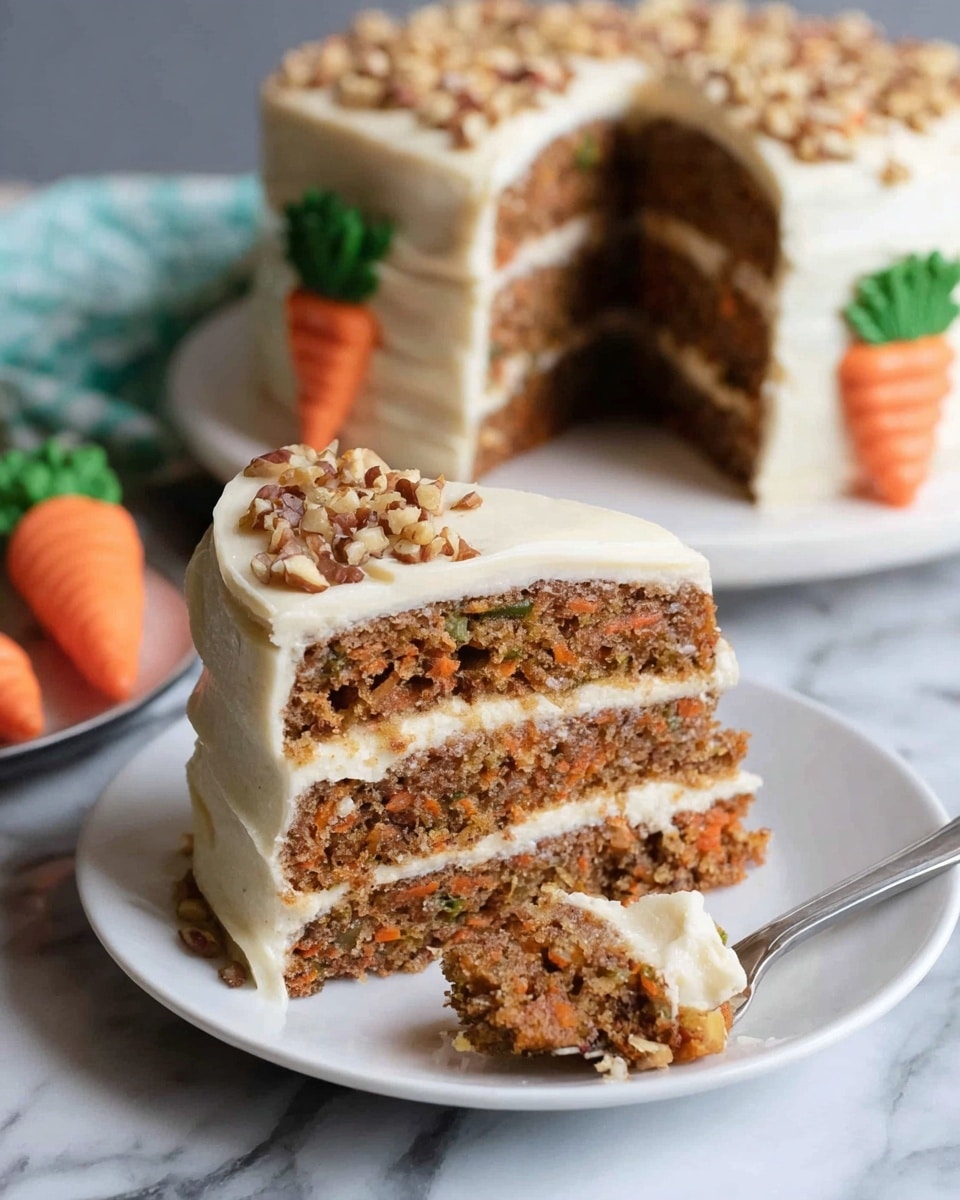 A slice of carrot cake with three thick brown layers filled with bits of carrot and nuts, separated and topped by smooth off-white cream cheese frosting. The frosting layer on top is thick and sprinkled with small chopped nuts, and there is a small decoration of carrot-shaped frosting with green tops on the whole cake in the background. The slice is placed on a white plate on a white marbled surface, with a fork holding some cake in the front. Photo taken with an iphone --ar 4:5 --v 7