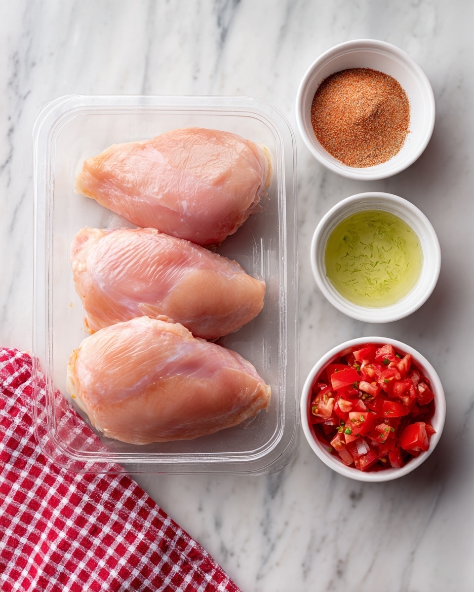 The image shows four raw chicken pieces in a clear plastic tray placed on a white marbled surface. To the right of the tray, there are three small white bowls arranged vertically; the top bowl contains light brown taco seasoning powder, the middle bowl is filled with pale green lime juice, and the bottom bowl holds bright red diced tomatoes with a bit of liquid. A red and white checkered cloth lies on the bottom left corner partially visible on the white marbled surface. photo taken with an iphone --ar 4:5 --v 7
