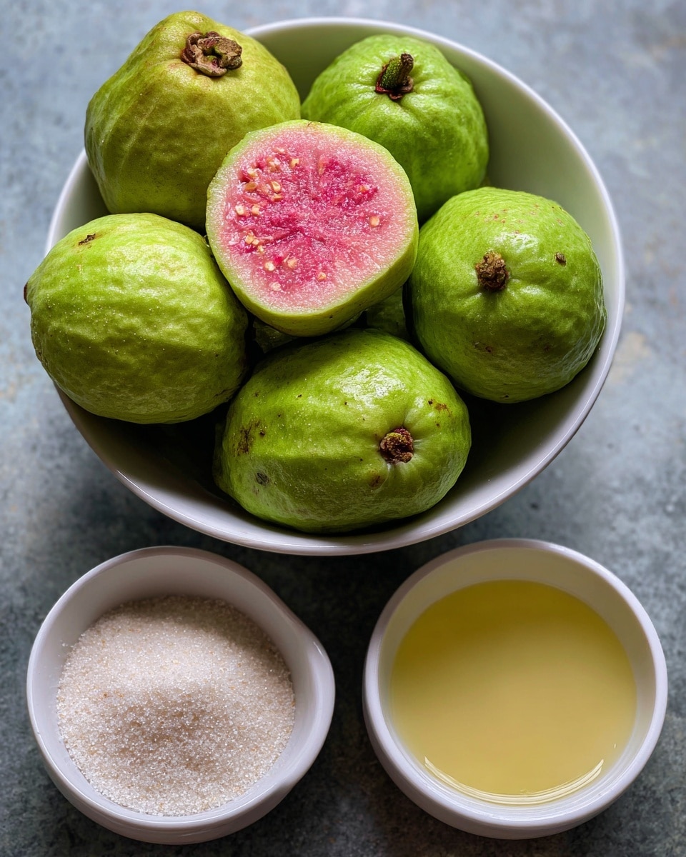 A white bowl filled with several whole green guavas with smooth skin, and two guavas on top are cut open showing the pink, slightly grainy flesh inside. To the left of the bowl is a small white bowl with white granulated sugar inside, and to the right is a small white bowl filled with pale yellow lime juice. The items are placed on a white marbled surface with clear labeling of each ingredient near the bowls. Photo taken with an iphone --ar 4:5 --v 7