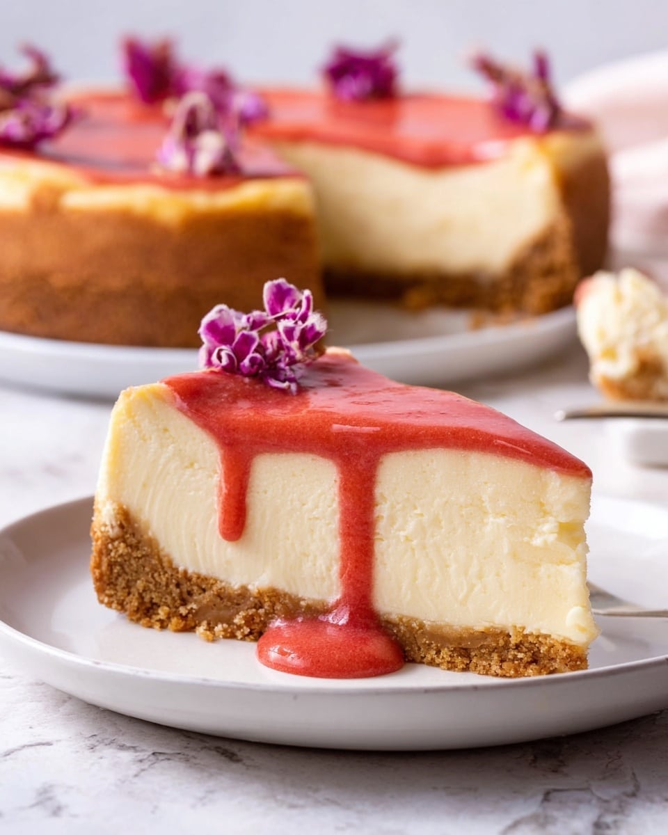 This image shows a close-up of a three-layer round cheesecake with one slice slightly separated. The bottom layer is a thick, crumbly brown crust with a rough texture. The middle layer is a smooth, pale yellow cream filling, sitting evenly on the crust. The top layer is a glossy, soft pink glaze that covers the entire cheesecake. The top also has small pink and white edible flowers as decoration near the edge. The cheesecake sits on a white plate, placed on a white marbled surface. photo taken with an iphone --ar 4:5 --v 7