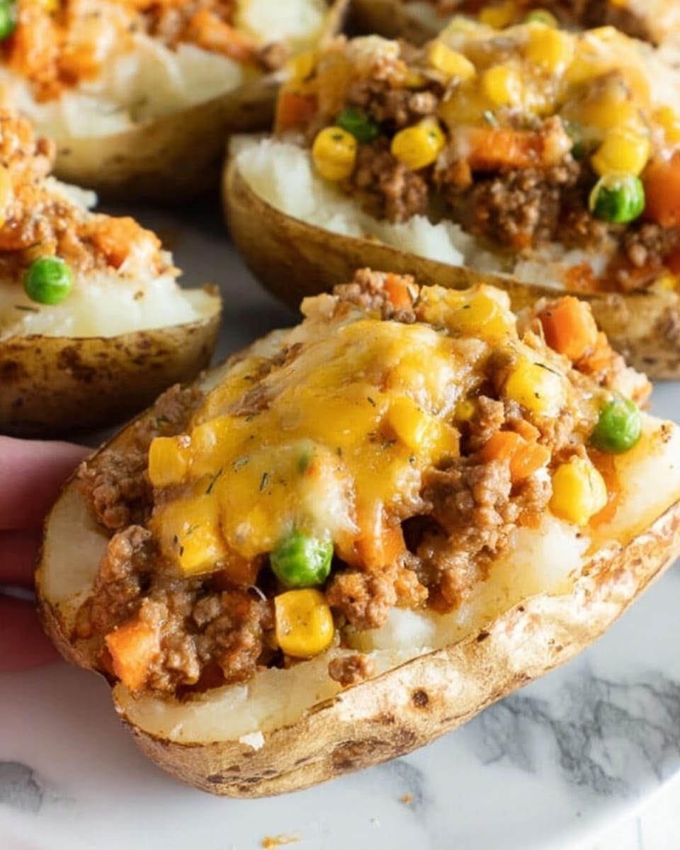 The image shows baked potatoes with the skin on, split open and filled with a mix of ingredients. The inner potato layer is white and fluffy. On top, there is a layer of cooked ground meat mixed with bright orange carrot pieces, yellow corn kernels, and green peas. This mixture is covered with melted light yellow cheese. The dish is placed on a white marbled surface, and a woman's hand is about to hold one of the baked potatoes. Photo taken with an iphone --ar 4:5 --v 7