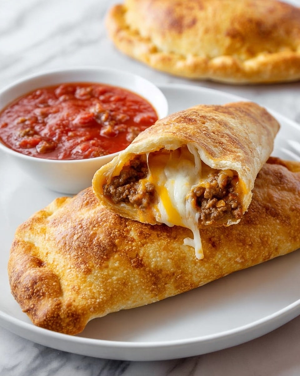 On a white plate sitting on a white marbled surface, there is one long golden brown calzone with a slightly crispy texture. On top of it, there is a calzone cut open in half, showing its inside with a thick layer of light yellow melted cheese mixed with brown cooked minced meat, and stretchy melted cheese strands connecting both halves. Behind the calzones, there is a small white bowl filled with red chunky tomato sauce that has visible seeds and bits of tomato. The whole scene is brightly lit, emphasizing the warm colors and textures. Photo taken with an iphone --ar 4:5 --v 7