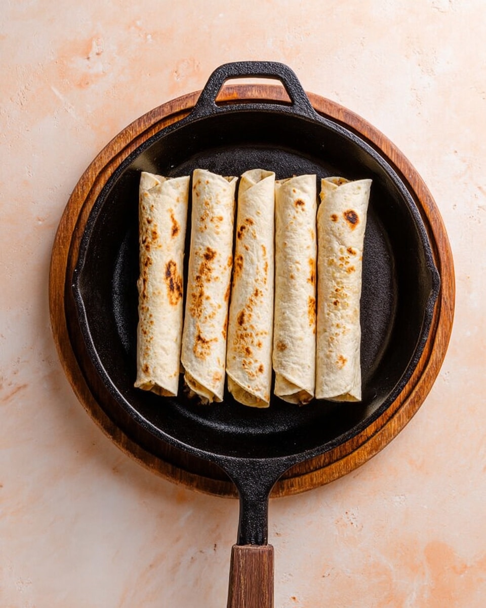 The image shows a black cast iron pan placed on a wooden trivet over a white marbled surface. Inside the pan, there are seven rolled tortillas or wraps, arranged side by side in a single row across the middle. Each wrap is lightly browned with some grilled marks, giving a slightly toasted texture. The background is a soft peach color, and a woman's hand is holding the pan handle from the bottom left corner. photo taken with an iphone --ar 4:5 --v 7