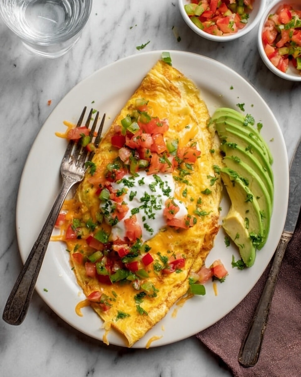 A white oval plate on a white marbled surface holds a yellow omelet folded in half, showing a slightly soft texture with melted cheese peeking from inside. The omelet top is covered with bright red and green diced tomatoes and bell peppers, sprinkled with chopped green herbs. In the center, a dollop of white sour cream sits with more diced tomatoes on it. To the right of the omelet, there is a neatly fanned avocado sliced into thin, pale green layers. Beside the plate, a silver fork and knife rest on the white plate's edge. In the background, small white bowls with more diced tomato mix and green herbs are visible, along with a clear glass of water. photo taken with an iphone --ar 4:5 --v 7
